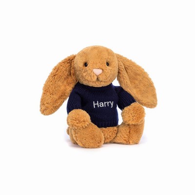 Jellycat Bashful Golden Bunny with Navy Jumper Australia | 964701MAQ